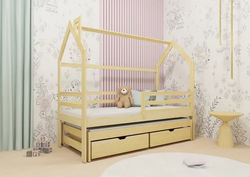 thematys Hausbett mit Ausziehbett und zwei Schubladen in weiß Kinderbett (Kinderzimmer-Bett), aus massiv Kieferholz