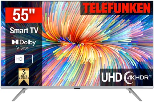 Telefunken D55V850M5CWH 55 Zoll 4K Smart-TV - Fernseher mit 138 cm Bildschirmdiagonale, 4K Ultra HD Auflösung und Smart-TV-Funktionen für grenzenloses Streaming. Ideal für Filmabende und Gaming.