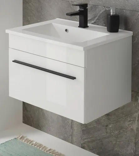 Furn.Design Waschtisch Design-D in Weiß Hochglanz - Eleganter Hängeschrank mit Waschbecken, 60 x 44 cm, bietet viel Stauraum bei geringem Platzbedarf und ist pflegeleicht durch glatte Oberflächen.