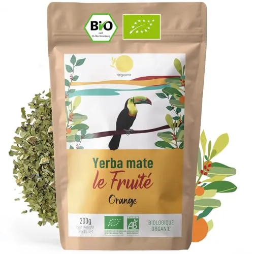 ORIGEENS BIO YERBA MATE mit Orange 200 g - Der Fruchtige I Bio Yerba Mate Tee Ungeröstet, Frei von Stängeln und Staub I Energie und Detox Getränk (Fruchtig 200g)