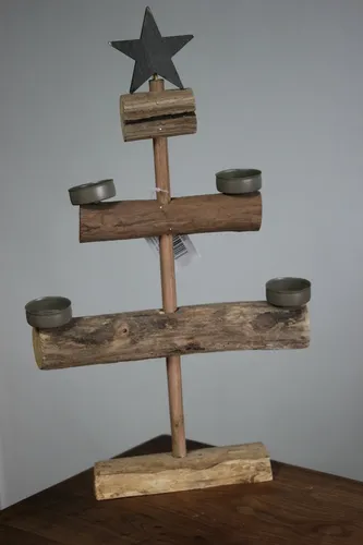 Teelichthalter Tannenbaum aus Holz, rustikale Ausführung, H 44 cm, B 26 cm