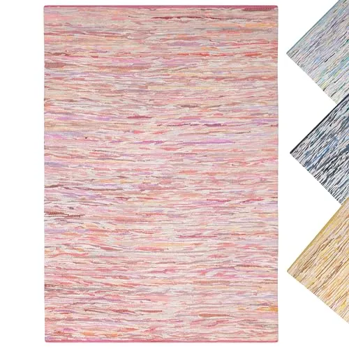 MY-RUG Handgewebter Flickenteppich aus Baumwolle | Fleckerlteppich in Handarbeit gewebt | Boho Teppich | bunter Kinderteppich, weich & strapazierfähig | Baumwollteppich | Pink, eckig 140 x 200 cm