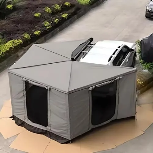 270° Markise in Khaki oder Grau - Automarkise mit Vorzelt - Außenanbau: Vielseitige Markise mit Vorzelt, ideal für alle Jahreszeiten. Robustes Oxford 600D Material und stabiler Alurahmen bieten optimalen Schutz und Langlebigkeit.