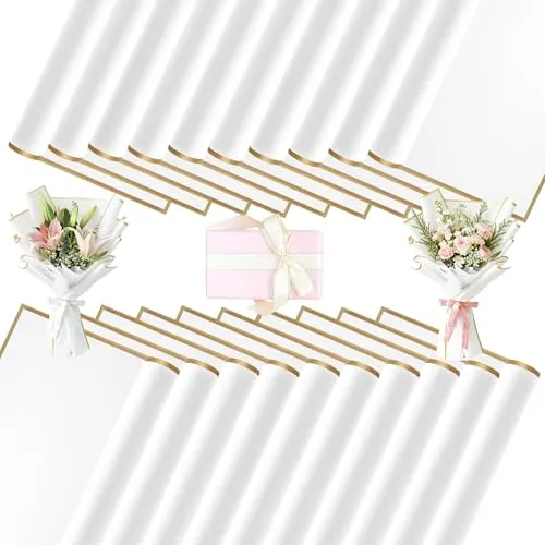 Staranry 20 Blatt Blumenpapier, Wasserdicht Wrapping Blumen Papier, Geschenkpapier Blumen mit Goldrand, Blumenstrauß Papier für Geschenkverpackungen, Blumen, Kunst und Handwerk (Weiß, 58x58cm)
