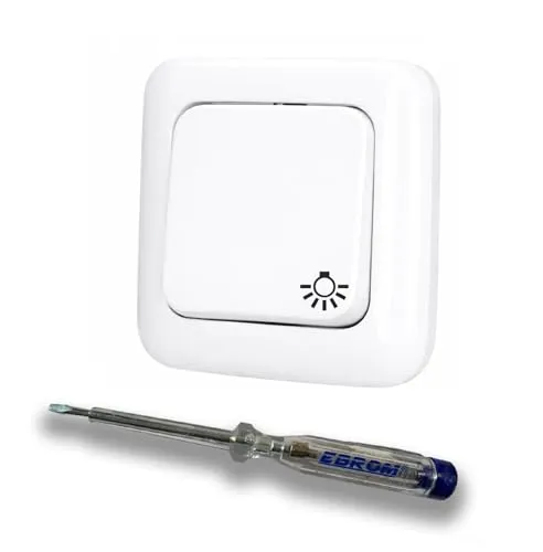 EBROM SET IDEE: Busch Jäger Set, Wechselschalter 2000/6 US Lichtschalter An/Aus mit Wippe Aufdruck Symbol Licht in ReflexSi Alpinweiß + EBROM Phasenprüfer zur Montage