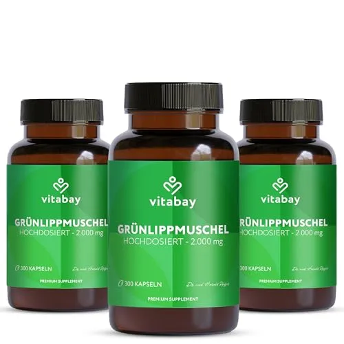 Vitabay Grünlippmuschelextrakt 2000mg Hochdosiert - 600 Grünlippmuschel Kapseln mit hoher Bioverfügbarkeit - Green lipped mussel capsules Laborgeprüft & ohne unerwünschte Zusätze