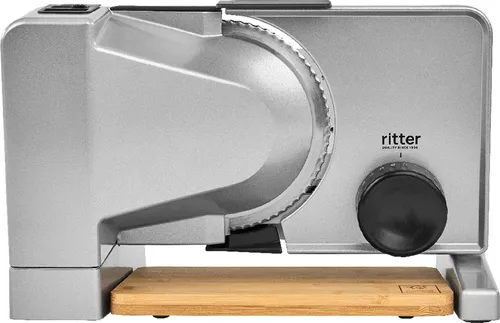 Ritter Serano 8 Elektrischer Allesschneider - Allesschneider aus Vollmetall, Made in Germany, mit Wellenschliffmesser für präzise Schnitte von hauchdünn bis 23 mm und FSC-zertifiziertem Bambusbrett für komfortables Arbeiten.