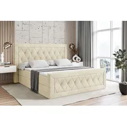 ALTDECOR Boxspringbett NOEL-Z 160x200 - Beige Samt - Bequemes Boxspringbett mit H3-Matratze (19 cm) und Topper (4 cm), bietet Stauraum mit zwei Bettkästen und ist ideal für Allergiker. Strapazierfähiger Polsterstoff sorgt für Langlebigkeit und einfachen Pflege.