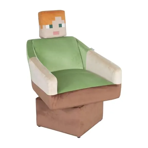 Drehsessel MINECRAFT - Komfortabler Samtbezug in Braun und Grün - Funktionssessel mit 360° Drehfunktion, Kopfstütze und gepolsterten Armlehnen für besten Sitzkomfort im Kinderzimmer oder Gaming-Bereich.