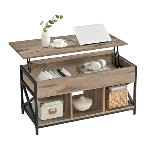 VASAGLE Couchtisch, höhenverstellbarer Wohnzimmertisch, Kaffeetisch, mit 1 verstecktem Fach und 3 offenen Fächern, Stahlgestell, 50 x 100 x (46,5-62) cm, Kamelbraun-schwarz LCT202B50