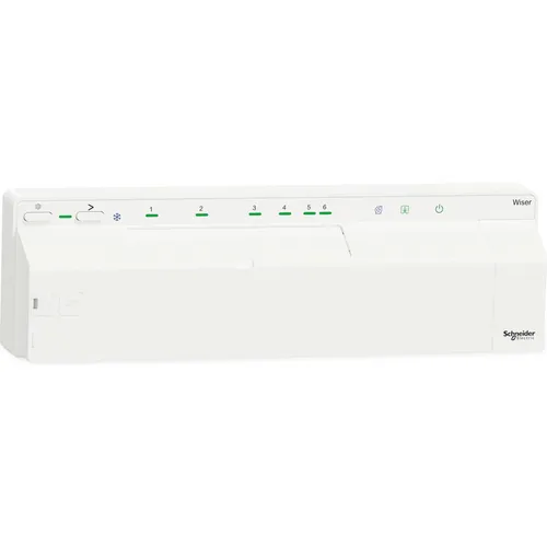Schneider Electric CCTFR6600 Wiser Verteiler für Fußbodenheizung - Smartes Mehrzonen-Regelsystem für effizientes Heizen und Kühlen. Steuern Sie Ihre Fußbodenheizung bequem über die Wiser Home APP und gestalten Sie individuelle Zeitpläne und Automatisierungen.