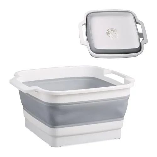 Relaxdays Waschbecken faltbar, 9 l, mit Ablauf & Tragegriffen, Kunststoff, Camping Spülschüssel, Faltschüssel, weiß/grau