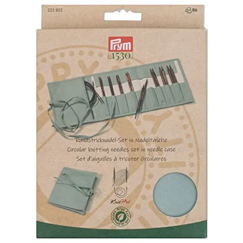 Prym 223802 Rundstricknadel Set Natural | 5 Holznadelpaare (Größen 3,5–8 mm) mit 3 Seilen & Zubehör | Nachhaltiges Etui aus Baumwolle | Glatte Nadeln für müheloses Stricken | Farbe: Petrol/Natural