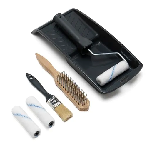 Malerset Klein 5tlg für Farbroller und Pinsel - Vielseitiges 5-teiliges Malerset mit 10 cm Nylon-Lackierroller, 2 Ersatzrollen, 30 mm Pinsel, Farbwanne und Drahtbürste. Ideal für präzise Ergebnisse auf kleinen Flächen im Innen- und Außenbereich.