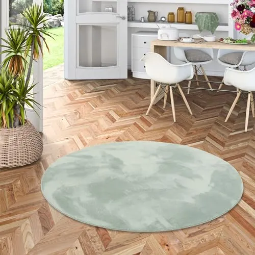 Luxus Super Soft Fellteppich Pearl Grün Rund 200 cm - Teppich aus 100% Polyester, besonders flauschig und weich, ideal für Wohnzimmer und Schlafzimmer. Parkett- und laminatschonend, geeignet für Fußbodenheizung und ohne Fusseln.
