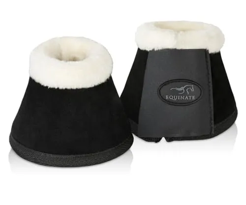 Equinate Hufglocken Sunville XXL Schwarz - Robuste Wildleder Springglocken mit Lammfell - Gamaschen & Schützer für Pferde: Hochwertige Wildleder-Oberfläche und weiches Lammfell für maximalen Tragekomfort und optimalen Schutz bei Training und Turnieren.