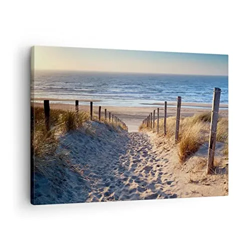Bilder auf Leinwand Meer Strand Düne Leinwandbild mit Rahmen 70x50cm Wandbilder Dekoration Wohnzimmer Schlafzimmer Küche Deko Klein Wanddeko Bild Wand Kunstdruck Art Wall Decor Canvas AA70x50-3612