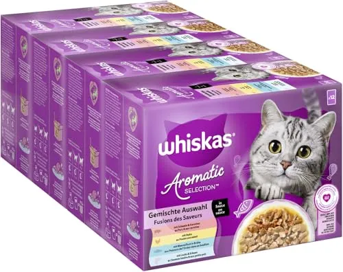 WHISKAS Aromatic Selection Multipack Katzennassfutter 1+, 4 Sorten (Schwein, Huhn, Meeresfisch, Lachs in Sauce), 4x12x85g - Vielfältige Geschmacksrichtungen für Katzen