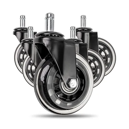 Bürostuhlrollen Set, 5 Stück, Stiftgröße Ø 11 x 22 mm, Ø 76 mm Rollen, mit Sicherheitsschraube- und Mutter, 360° leise Hartbodenrollen, Stuhlrollen für Hart- und Teppichboden, Ersatzrollen bis 300 kg
