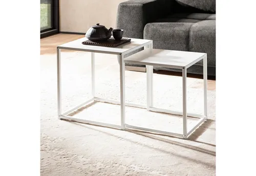 FineBuy Wohnzimmertisch 2er Set Metall Beistelltisch Eckig Weiß - Satztische fürs Wohnzimmer, stilvolles 2er Set aus weiß lackiertem Stahl, platzsparend mit zwei Ablageflächen und einem modernen Industrial-Design.