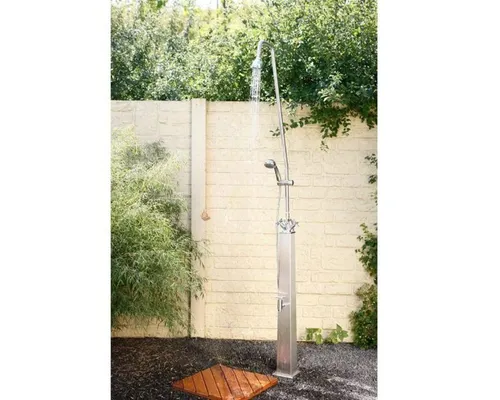 IDEAL Delphin Außendusche für Pool mit Mischbatterie - Hochwertige Edelstahl Dusche, ideal für den Außenbereich. Genießen Sie erfrischendes Wasser mit Kalt- und Warmwasseranschluss, perfekt für Ihren Poolbereich.