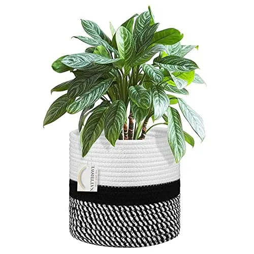 NATTHSWE Pflanzenkorb mit Liner, Geflochtene Blumentopf Übertopf Korb für 18cm Innenbereich Pflanzgefäße Baumwollseil Jute Pflanzenkorb Topf Dekoration faltbar Wäschekorb Haushalt Lagerung Korb