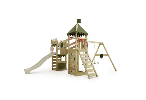 FATMOOSE Spielturm RiverRun Ritterburg-Kletterturm mit Schaukel - Spieltürme aus kesseldruckimprägniertem Massivholz, extrem witterungsbeständig und mit 10 Jahren Garantie*. Ideal für stundenlangen Spielspaß im Garten!