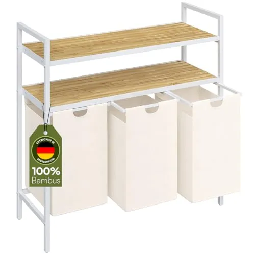 STEELSØN Rigil Wäschekorb 3 Fächer - Wäschebox mit 120 l Stauraum: Ideal für die getrennte Aufbewahrung und Sortierung Ihrer Wäsche, ausgestattet mit 2 Bambus-Ablagen für zusätzlichen Stauraum.