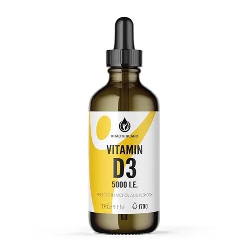 Kräuterland Vitamin D3-50ml - gelöst in MCT-ÖL - 5000 I.E. Vitamin D3 pro Tropfen, 1700 Tropfen mit Vitamin D3, Hoch bioverfügbar, Hochdosiert, Premium-Qualität made in Germany