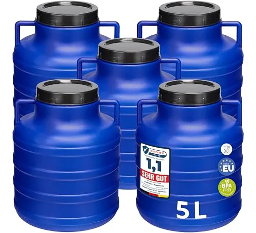 Garronda Set 5x 5 Liter Weithalsfass - BPA-frei & vielseitig einsetzbar - Set aus 5 BPA-freien Fässern (5L) für Lebensmittel, Futter oder Regenwasser, ideal für Garten und Werkstatt. Robustes Design mit weitem Hals für einfache Handhabung.