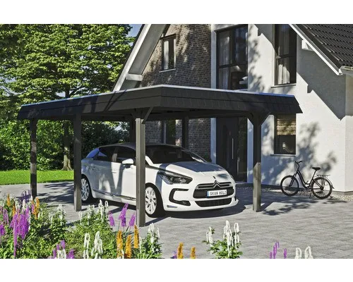 Skan Holz Carport Wendland Schiefergrau 362 x 628 cm - Robuster Einzelcarport aus lasiertem Leimholz mit Aluminium-Dach, ideal für PKWs, Motorräder und Fahrräder, bietet optimalen Schutz vor Witterung und hat eine hohe Tragfähigkeit von 105 kg/m².