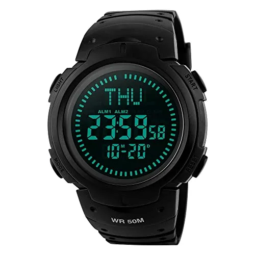 TONSHEN Herren Outdoor Militär Sport Uhren für Männer 50M Wasserdicht LED Digital Kompass Uhr 3 Alarm Plastik mit Silikon Band Armbanduhr (Schwarz)