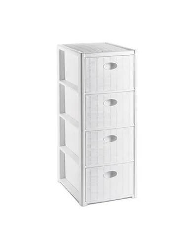 Kreher Rollcontainer mit 4 Schüben im Rattan Design (schmal) in Weiß - Praktischer Rollcontainer mit 4 Schüben, ideal für Badezimmer oder Wohnräume. Hygienisch und leicht zu reinigen, mobil durch integrierte Rollen.