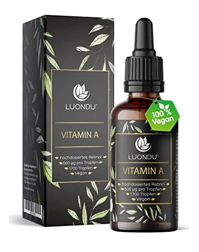 Luondu Vitamin A Tropfen hochdosiert – 5.000 I.E. / 1.500 µg pro Tagesdosis – 50 ml (1.700 Tropfen) – vegan – Retinylpalmitat