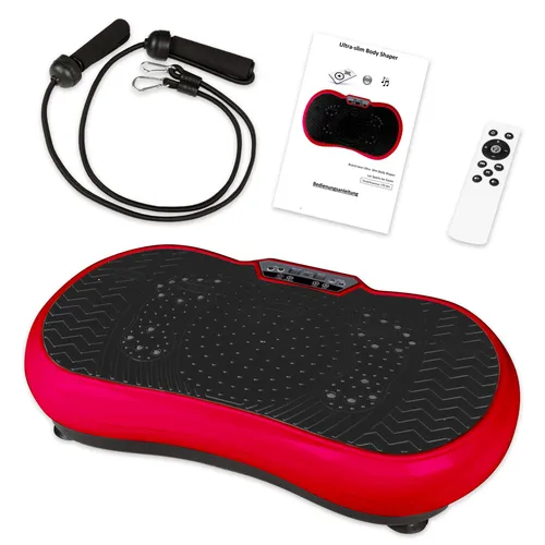 Vibrationsplatte mit Dehnbändern und Bluetooth Vibrationsboard Fitness zum Abnehmen für Zuhause Ultra Slim Rüttelplatte Training Vibrationsgerät Rot