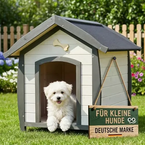Zooprinz Hundehütte Bella - Wetterfeste Hundehütte mit dekorativem Hundeknochen - Tierhäuser: Ideal für kleine Hunde, wetterfestes Bitumendach und lasiertes Kiefernholz sorgen für Langlebigkeit und Komfort.