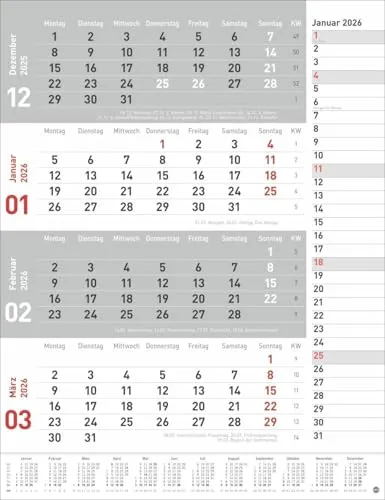 4-Monats-Planer, rot 2026: Praktischer Wandplaner mit Datumsschieber. Büro-Kalender mit Notizspalte und Jahresübersicht. Wandkalender 2026 im Hochformat. 30 x 39 cm. (Bürokalender Heye)