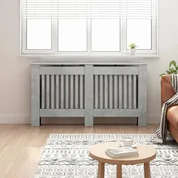 vidaXL Heizkörperabdeckung Beton Grau 152 x 19 x 81,5 cm - Moderne Heizkörperverkleidung aus Holzwerkstoff, die Heizkörper stilvoll versteckt und für Sicherheit in Haushalten mit Kindern sorgt. Wasserabweisend und pflegeleicht – ideal für jedes Zuhause!