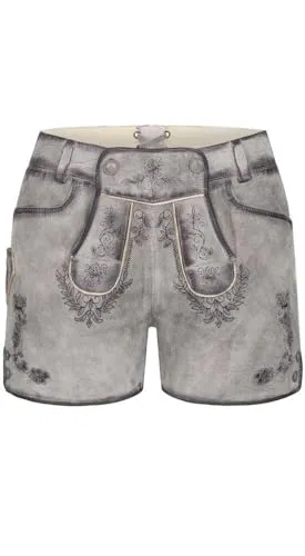 Lederhose Hotpant Tiana in Silber von Nübler, Größe: 34 - Lederhosen für Damen, betont die Weiblichkeit mit Rankenstickerei und praktischen Taschen. Aus hochwertigem Ziegenleder für optimalen Tragekomfort und Langlebigkeit.