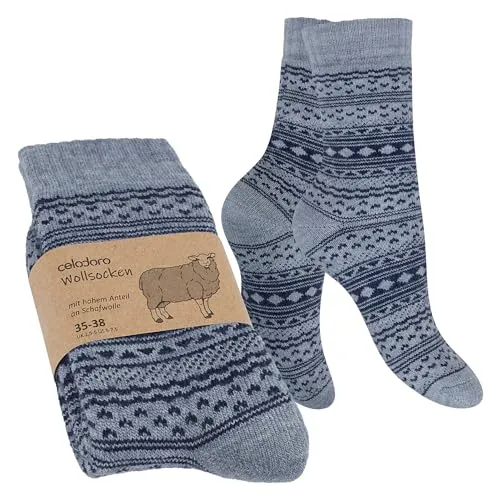 Celodoro Damen & Herren Frottee-Wollsocken mit Muster (1 Paar) - Hellgrau mit Navy 35-38
