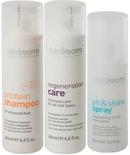 Hairdreams Haarpflege-Set: Proteinshampoo, Regeneration Care & pH Shine Spray - 3-teiliges Set für Echthaarverlängerungen: Pflegt strapaziertes Haar, sorgt für Glanz und verbessert die Haarstruktur. Ideal für intensive Pflege und optimalen Schutz.