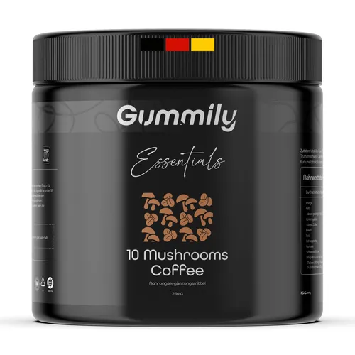 Gummily Mushroom Coffee Blend - Veganer Pilzkaffee mit 10 Vitalpilzen - Genießen Sie unseren veganen Pilzkaffee mit einer einzigartigen Mischung aus 10 Vitalpilzen und Botanicals. Ideal für eine einfache Zubereitung – einfach in Ihr Lieblingsgetränk mischen. Glutenfrei und perfekt für jede Ernährungsweise.