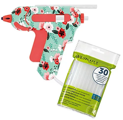 WESTCOTT Heißklebepistole I Starter-Set: inklusive 30 Klebesticks I mini I klein I bunt I für Kinder I Blumen-Muster I Geschenk I Basteln I türkis, rot, pink I DIY I 7 mm I 10-20 W I 16002 AZ