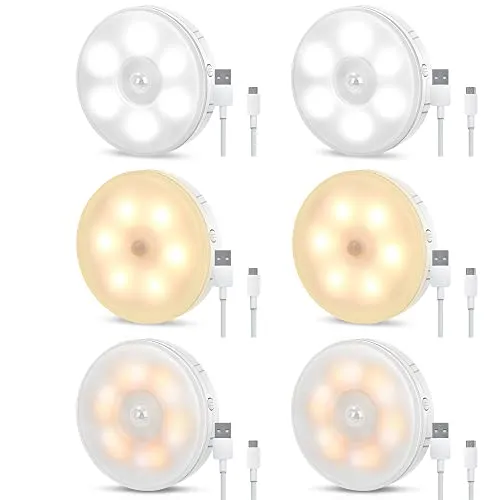 Tailcas Nachtlicht mit Bewegungsmelder, 4 Modi led Bewegungslicht mit Batterie, USB Wiederaufladbar, Schrankbeleuchtung Treppenbeleuchtung, für Kinderzimmer Schlafzimmer Küche Flur Treppen, 6 Stück