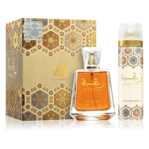 Lattafa Raghba Eau de Parfum 100 ml mit Deodorant Spray - Unisex Parfümset mit 100 ml Eau de Parfum und passendem Deodorant Spray für langanhaltenden Duft und Frische den ganzen Tag.