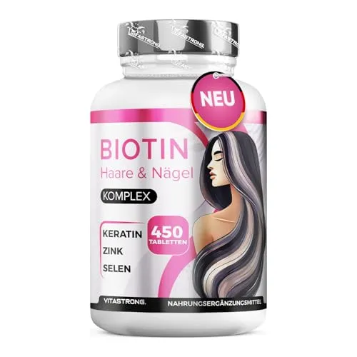 Biotin Hochdosiert Vitastrong mit Selen Zink, Keratin, Kupfer, Bambus, Vitamine für Haare, 450 Tabletten (15 Monate) Biotin Komplex Premium Ohne GVO, Bio Haare, Haut und Nägel mit Selen Hochdosiert