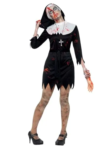 Smiffys Zombie Schwester Kostüm - Kostüm-Outfit für Damen, inklusive Kleid, Kopfbedeckung, Gürtel und Kreuzanhänger, ideal für Halloween und Themenpartys, angenehmes Tragegefühl durch leichtes Material.