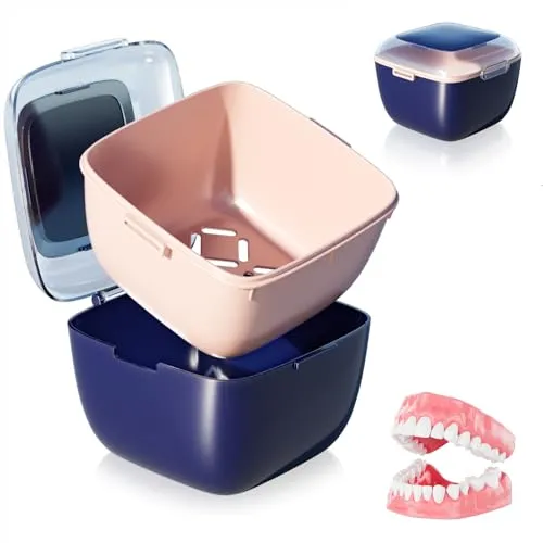Zephyra Zahnprothesenbox mit Sieb, Tragbare Prothesendose Abdeckung, Zahnspangendose Gebissdose für Zahnersatz und Zahnspangen, Ideal für Reinigung, Aufbewahrung und Reise(Deep Blau)