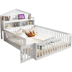 Kinderbett mit Lattenrost & Rausfallschutz, 140x200 cm, Weiß - Modernes Kinderbett mit stabilem Lattenrost und praktischem Rausfallschutz. Das integrierte Regal bietet viel Stauraum und die Tür kann wahlweise montiert werden. Ideal für sicheres Schlafen und Spielen.