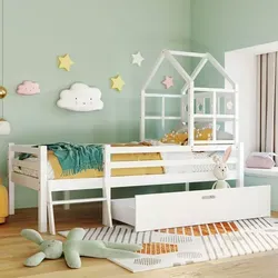 Flieks Hochbett Hausbett mit Rausfallschutz und Leiter, Kinderbett Einzelbett 90x200cm mit Lattenrost und Schublade, Weiß - Weiß